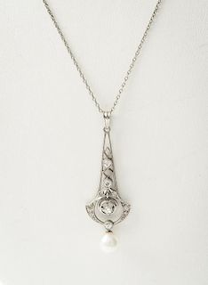 Edwardian Pearl & Diamond Lavaliere Necklace
