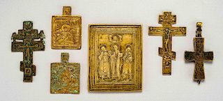 6 Russian Brass Icons, Crucifixes, Reliquary