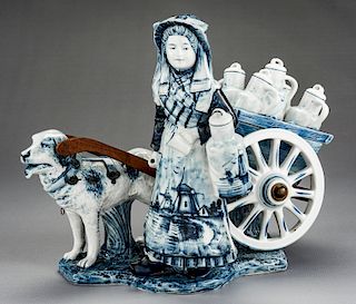 Faience Blue & White Figure of Girl with Dog Cart