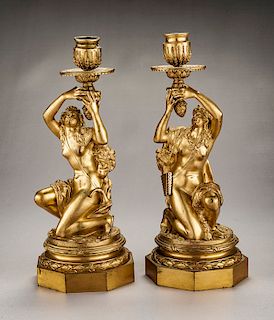 Pair of Figural Gilt Brass Candlesticks