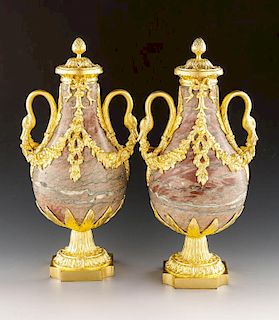 Pair of French Marble & Ormolu Mounted Urns