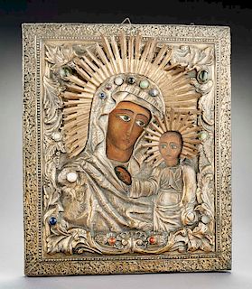 Mother of God Icon with Brass Oklad and Gems