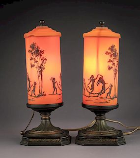 Pair of Painted Cylindrical Lamps