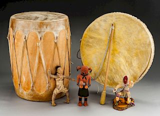 5 Native American Pcs Incl Drums & Mudman Kachina