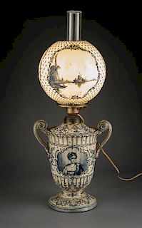 Delft Pottery and Glass Lamp with Ball Shade