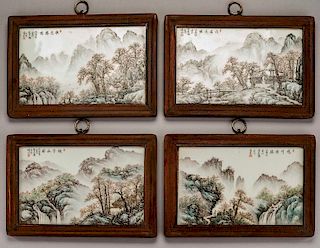 4 Chinese Porcelain Plaques Mountain Scenes