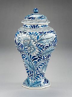 Delft Octagonal Covered Vase Marked JM