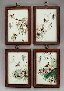 4 Chinese Enamel on Porcelain Plaques Birds