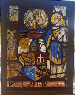 Swiss Renaissance Era Stained Glass  Heraldic Crest and Saints
