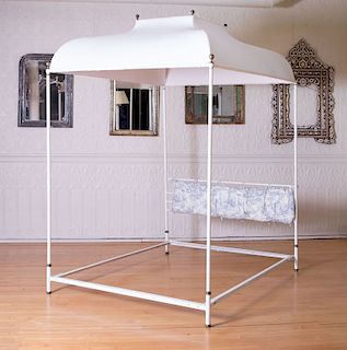 WHITE PAINTED METAL CANOPY BED FRAME