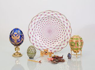 TWO GOLD AND ENAMEL RUSSIAN ORDER MEDALS AND GROUP OF TABLE OBJECTS IN THE FABERGÉ STYLE