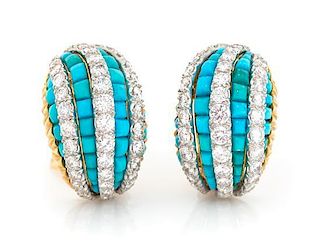 A Pair of Platinum, 18 Karat Yellow Gold, Turquoise and Diamond Earclips, Van Cleef & Arpels, 16.55 dwts.