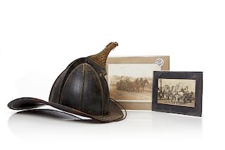 American Leather Fire Helmet w/ eagle head crest and 2 Cabinet Card Photos of Horse drawn Fire Engines