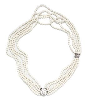 An 18 Karat White Gold, White Coral and Diamond Multi-Strand Necklace, Matassi,