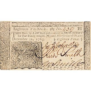 1763 NEW JERSEY COLONIAL NOTE EIGHTEEN PENCE