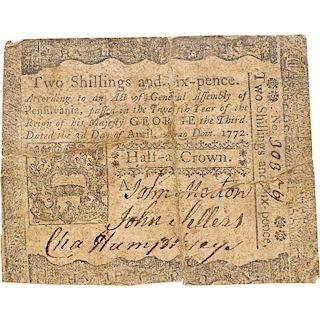 1772 PENNSYLVANIA COLONIAL NOTE 2 SHILLINGS