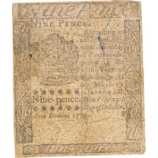 1775 PENNSYLVANIA COLONIAL NOTE 9 PENCE