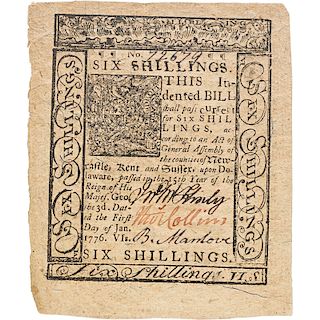 1776 DELAWARE COLONIAL NOTE 6 SHILLINGS