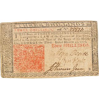 1776 NEW JERSEY COLONIAL NOTE 3 SHILLINGS