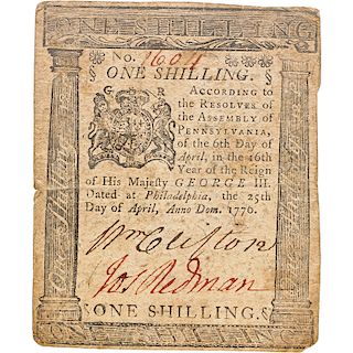 1776 PENNSYLVANIA COLONIAL NOTE 1 SHILLING