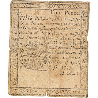 1777 PENNSYLVANIA COLONIAL NOTE 4 PENCE
