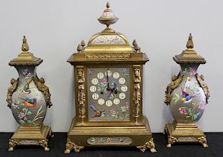 Gilt Bronze and Enameled Porcelain Clock Garniture