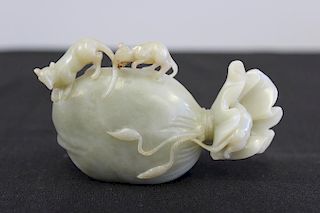 Celadon Jade Carving of Mice with Cloth Bag.