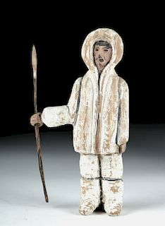 Early 20th C. Inuit Wood Hunter Figure with Harpoon