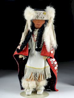 20th C. Tlingit Wood, Hide, & Fur Female Doll