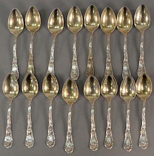 Set of sixteen Gorham sterling demitasse spoons with gold washed bowls, monogrammed: "R" for Rockefeller. length 4 1/8 inches, 5.89 ...