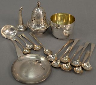 Group of miscellaneous silver items to include a George III silver wine spigot, caster top, silver salt spoons, small ladle, small c...