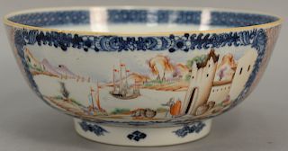 Chinese export porcelain bowl having painted panel on each side, one side with Chinese landscape on river's edge and the other paint...