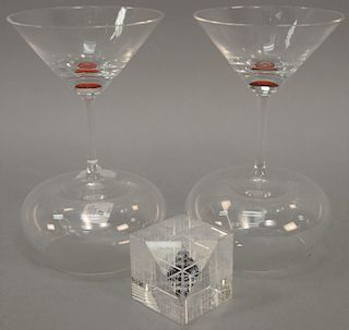 Three crystal MOMA (Museum of Modern Art) pieces to include a pair of Martini wine stem glasses marked on stems: DR @ MOMA 75. 2004 ...