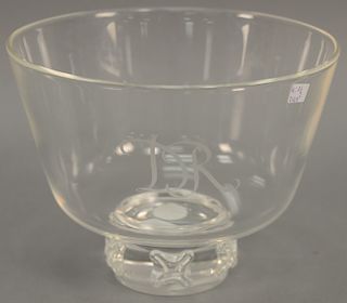 Large Steuben crystal footed bowl inscribed with initials "DR", signed on bottom: Steuben. height 7 inches, diameter 9 inches   ...