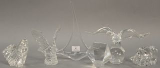 Group of six crystal pieces to include Simon Pearce sailboat inscribed: To David R, Simon Pearce 03; three Steuben crystal pieces: a...