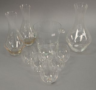 Group of crystal to include set of eggshell thin wine glasses with hand painted eyes in the bottom, three Jeger wine carafes, and a...