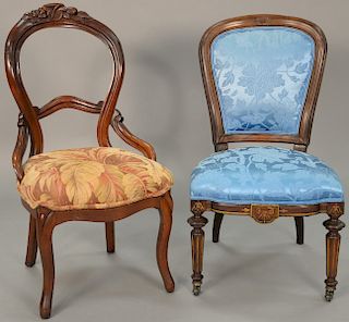 Two Victorian side chairs, one with blue silk upholstery 

Provenance: Estate of Peggy & David Rockefeller having stamp/label.