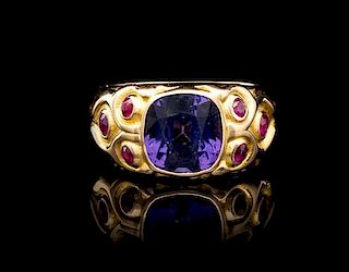 An 18 Karat Yellow Gold, Color Change Spinel and Ruby Ring, 8.63 dwts.
