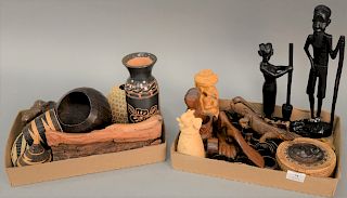 Two tray lots with carved items to include woven baskets, two Ebony carved figures, pottery figural vase (as is), napkin rings, Inui...