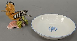 Two Nymphenburg porcelain pieces to include Cockatoo or Whoopee bird figurine, mark on bottom, in original box along with a dish wit...