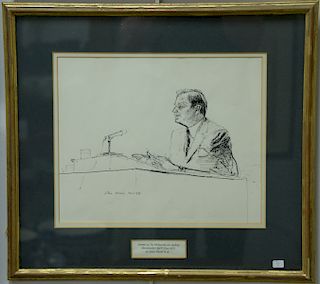 Three framed drawings to include (1) John Stanton Ward (1917-2007), pen and ink on paper, Rockefeller at a Podium, signed and dated:...