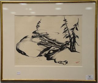 Two Margaret Wentworth Millard (1914-1999), ink on papers including "Twin Bridges High Sierras" and "Pine, Rocks, and Stream", both...