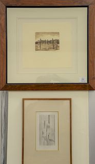 Four piece lot to include framed etching of a front gate to the castle signed J Wood?, abstract etching signed illegibly, colored et...
