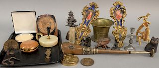 Two tray lots with assorted items including 18th century mortar, iron bug, miniature pewter candlestick, copper horn, 19th century b...