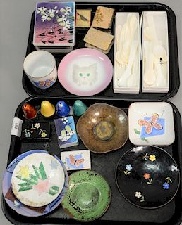 Two tray lots with enameled items to include two enameled cover boxes, plates, salt and pepper, Parzinger enameled butterfly set, et...