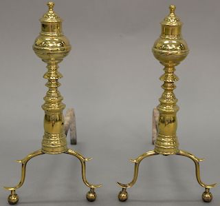 Pair of Federal brass andirons (repaired at base). height 14 inches 

Provenance: Estate of Peggy & David Rockefeller having stamp/l...
