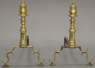 Pair of Federal brass andirons, circa 1830. height 17 inches 

Provenance: Estate of Peggy & David Rockefeller having stamp/label.
