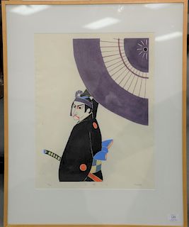 Takahashi Hiromitsu, woodblock in six colors, Samurai "Purple Wheel", pencil signed, dated, and titled, lower right: Hiromitsu, penc...