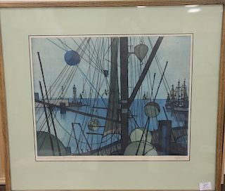 Otto Eglais (1917), color etching, Harbor after Sundown 1961, signed lower right: Eglais, having original "Collection of David Rocke...