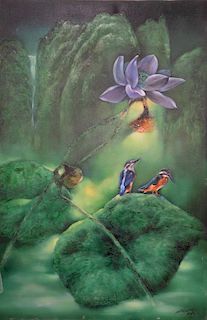 20th/21st century, oil on canvas, two hummingbirds on a leaf, artist unknown, inspired by Martin Heade, signed lower right illegibly...